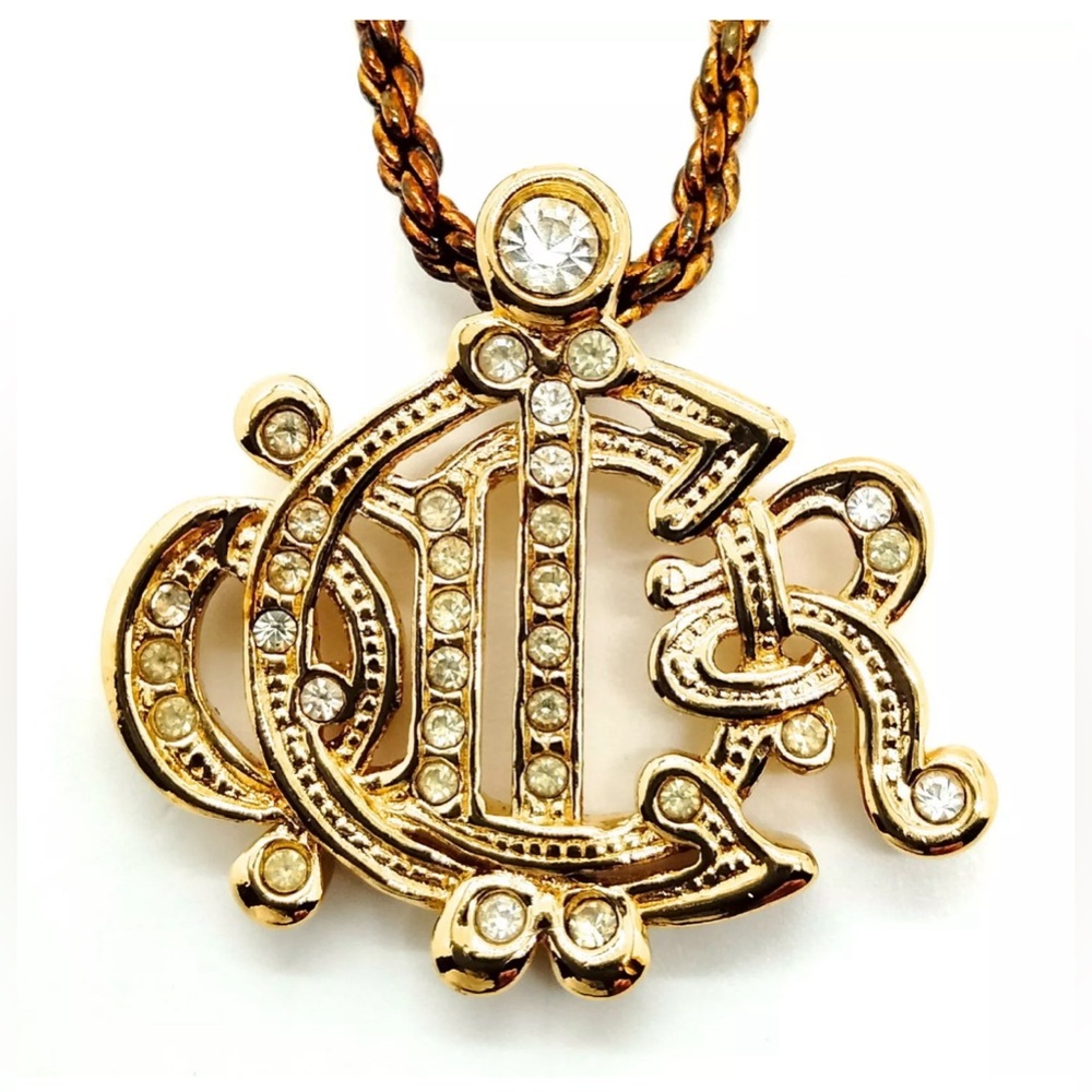 Stunning Vintage Christian Dior Gold Plated Logo Crystal Necklace. Preowned . - Picture 4 of 10